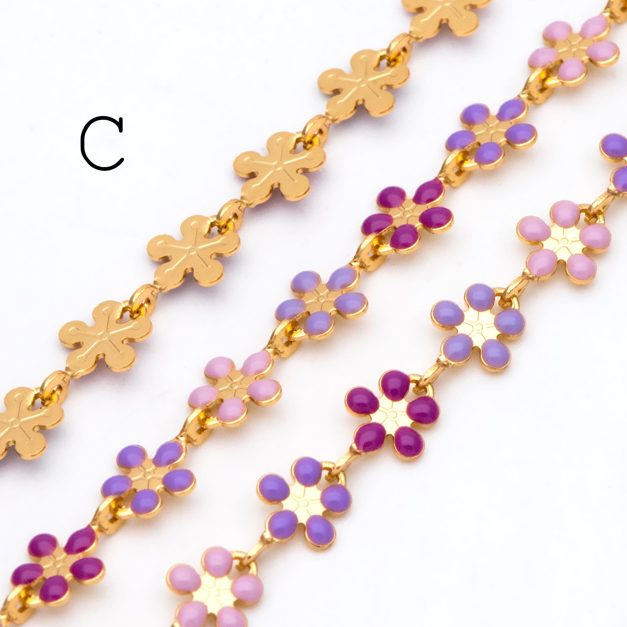 Mix Color Enamel Flower Chain, Gold Plated Brass Designer Chain 6mm, Floral Link Chain Findings (#LK-581)/ 1 Meter=3.3ft